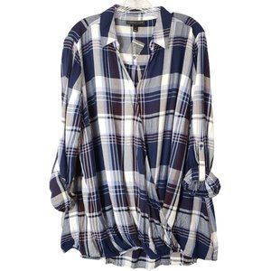 Lane‎ Bryant Plus Size Plaid Faux Wrap Top Blue Long Sleeve Casual Top Size